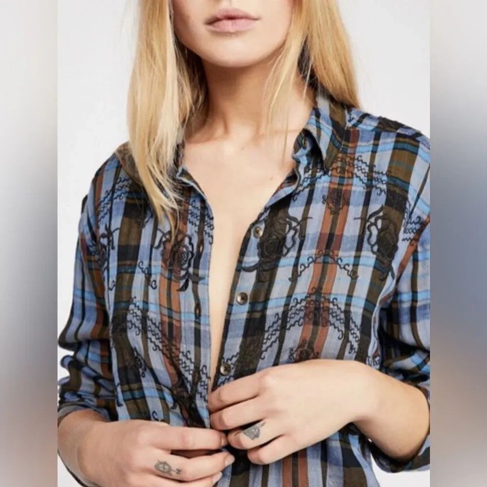 FREE PEOPLE MAGICAL PLAID EMBROIDERED SHIRT